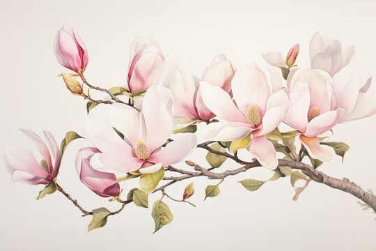 An artwork depicting delicate blooms of magnolia flowers and their branches in watercolor. Generative AI