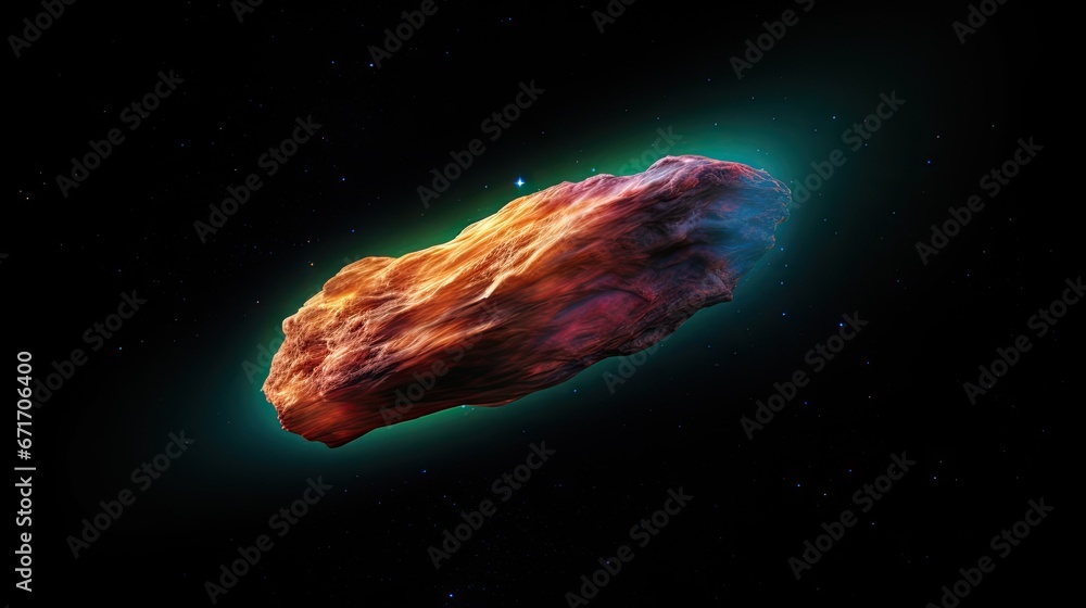 Poster a large rock in the middle of a space filled with stars and a green light shining on top of it. gene
