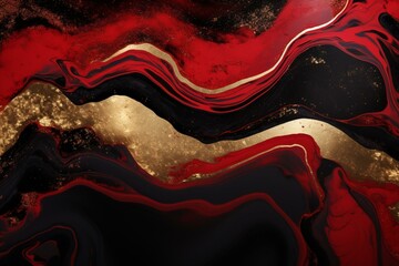 Abstract art: red & black, modern design, marble swirls & agate ripples, luxury organic wallpaper, gold glitter. Generative AI