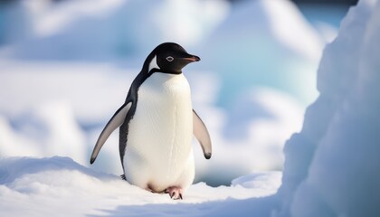 Fototapeta premium Photo of a Majestic Adelie Penguin on a Towering Snow Mound