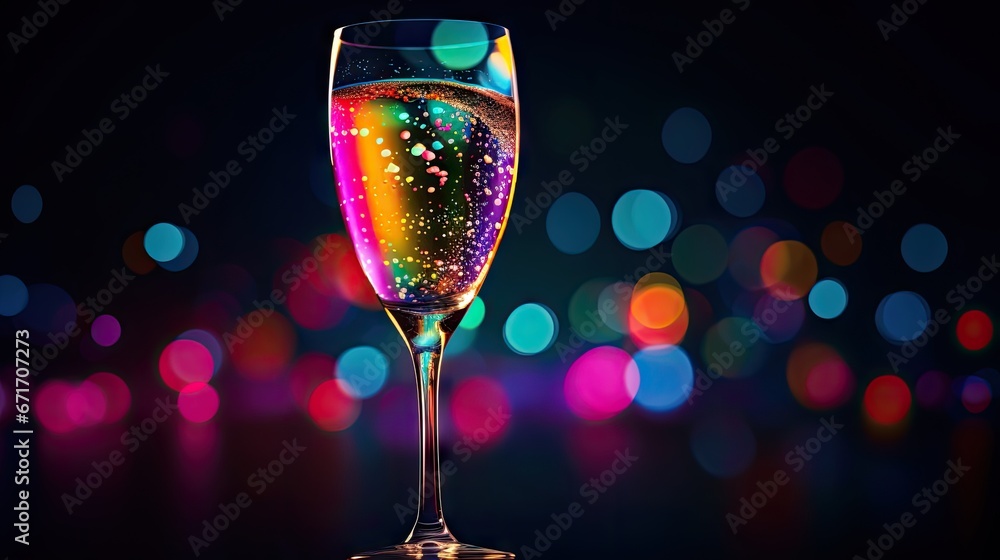 Poster a close up of a glass of wine on a table with a blurry background of lights in the background. gener
