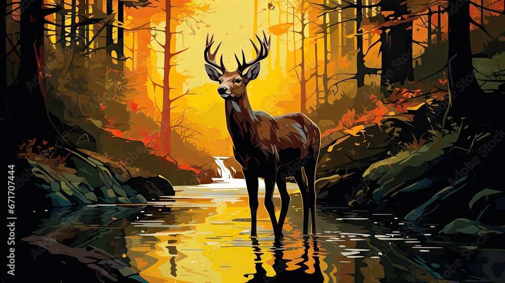 Poster  a painting of a deer standing in the middle of a forest with a stream in the foreground and trees in the background.  generative ai