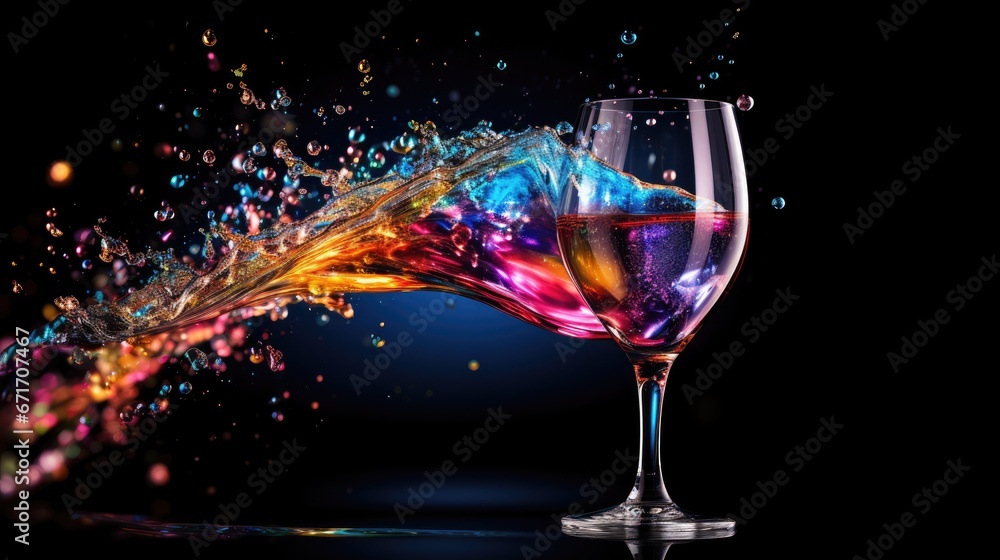 Poster a close up of a wine glass with a liquid splashing out of it on a black background with a black back