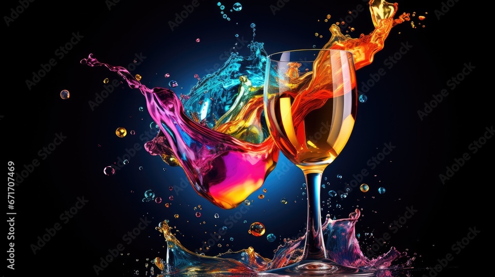 Poster two glasses of wine splashing into each other on a black background with a splash of water on the gl