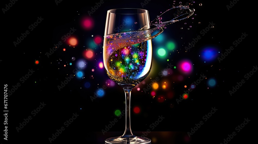 Poster a close up of a wine glass with a liquid splashing out of it on a black background with multicolored