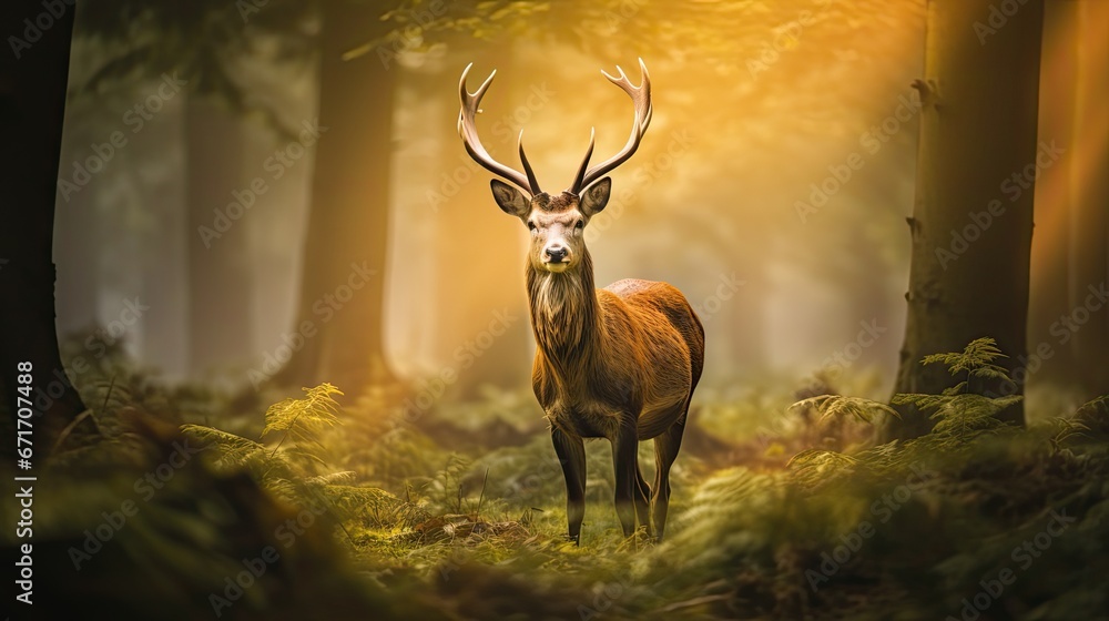 Poster a deer standing in the middle of a forest with lots of trees and grass on both sides of it's face. g