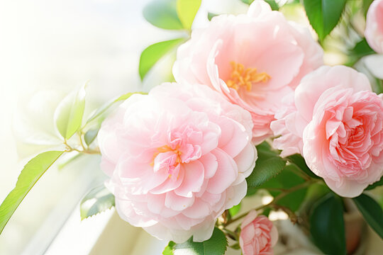 Rose camellia flowers in garden