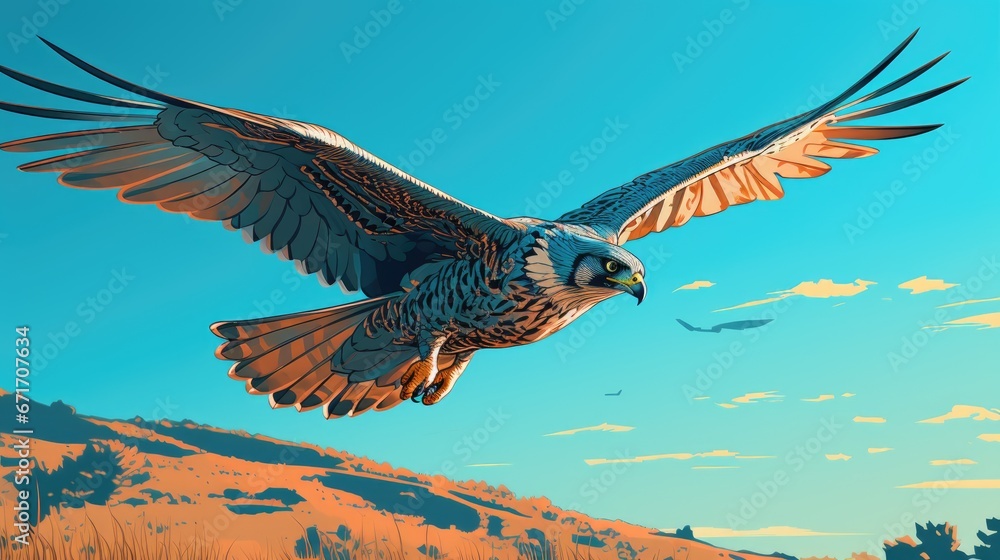Poster a painting of a bird flying in the air with it's wings wide open and its wings wide open. generative