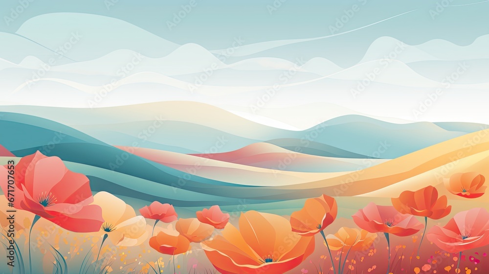 Poster a painting of a field of poppies with mountains in the background and a blue sky in the foreground. 