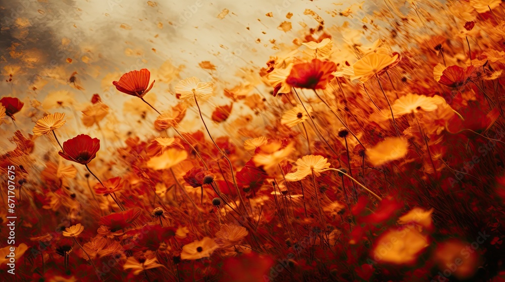 Aufkleber a field of red and yellow flowers with a cloudy sky in the backgrounnd of the picture is a field of 