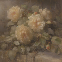 Oil painted rose camellia flowers, vintage style print