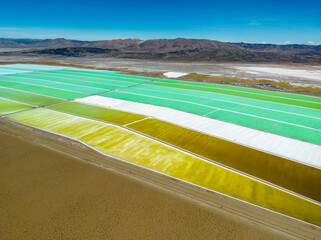 Aerial view of lithium fields / evaporation ponds in the highlands of northern Argentina, South...