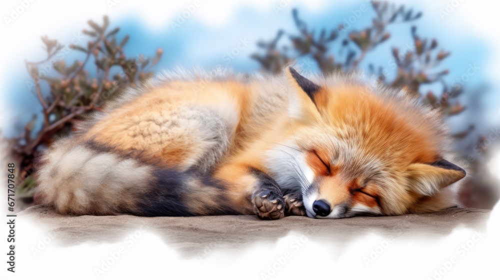 Poster a close up of a sleeping fox with its eyes closed and it's head on top of another sleeping fox. gene