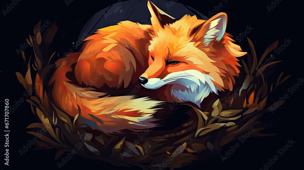 Aufkleber a painting of a red fox curled up in a pile of grass with its head resting on it's side. generative 