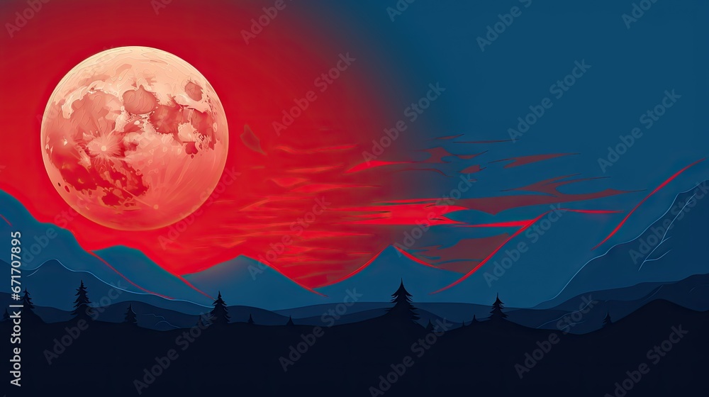 Aufkleber a painting of a red full moon in a blue sky with a mountain range in the foreground and trees in the