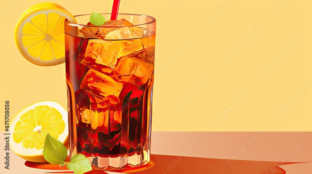 Poster a glass of ice tea with a straw and a slice of lemon on a table with a half of a lemon next to it. g