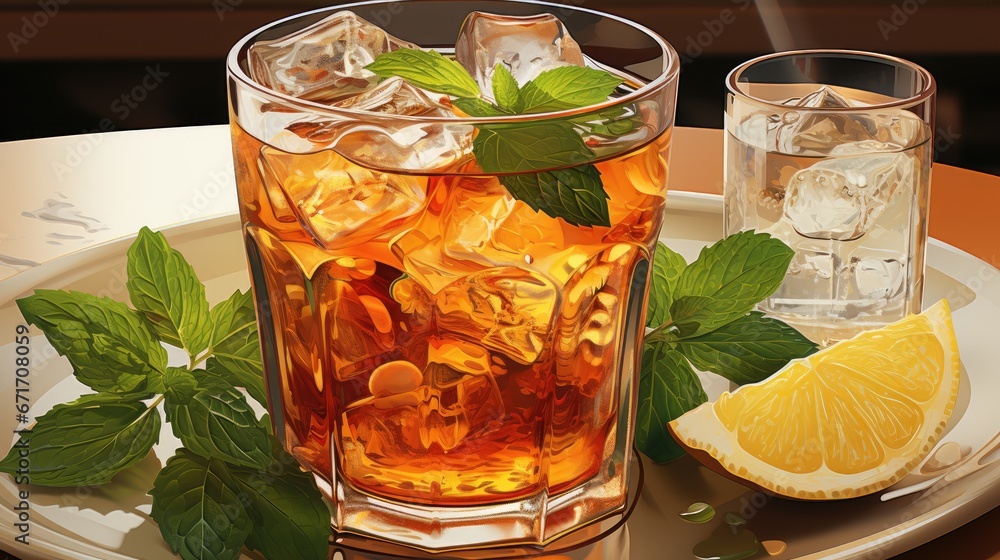 Poster a plate with a glass of iced tea and a slice of lemon on it and a lemon wedge on the side. generativ