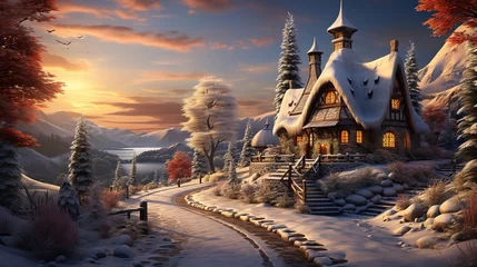 Foto op Canvas Breathtaking house and scenic setting in snow season. Bright house. Hills and lake in the background. Winter landscape in snowy mountains.Concept of Christmas holidays and winter holidays © Diego