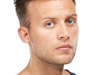 Fototapeta premium Serious, portrait of man and beauty, skincare and studio isolated on white background. Face, confidence and model with healthy skin, wellness and dermatology in facial treatment, cosmetics or natural