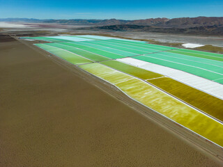 Aerial view of lithium fields / evaporation ponds in the highlands of northern Argentina, South America - a surreal, colorful landscape where batteries are born