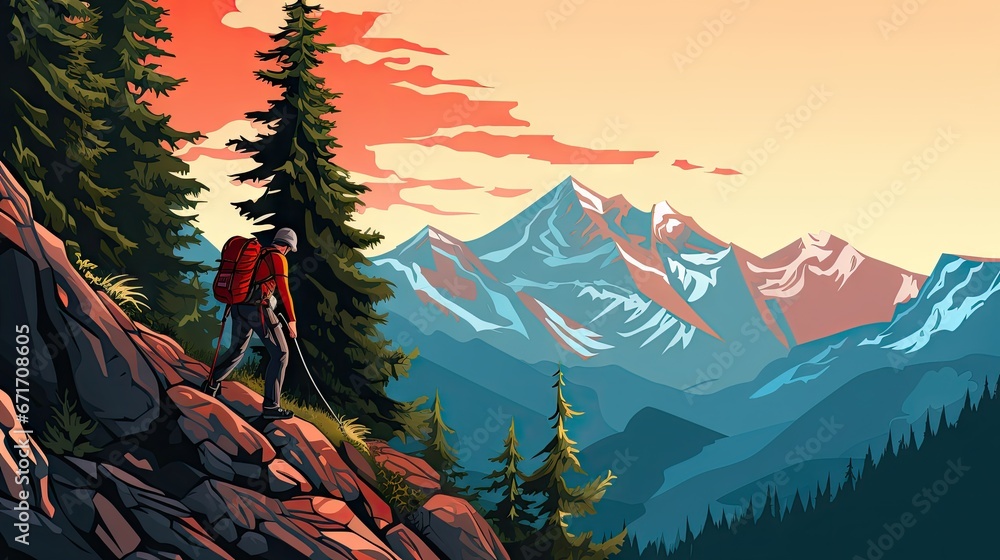 Poster a man with a backpack is standing on a mountain top with a view of the mountains and the sun in the 
