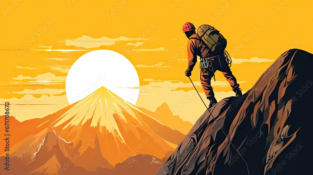 Poster a man standing on top of a mountain with a backpack on his back and a mountain range in the backgrou