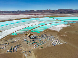 Aerial view of lithium fields / evaporation ponds in the highlands of northern Argentina, South America - a surreal, colorful landscape where batteries are born