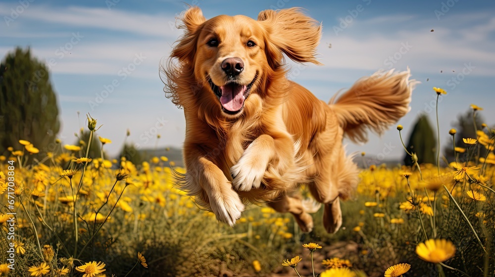 Poster a golden retriever running through a field of dandelions with its mouth open and it's tongue out. ge