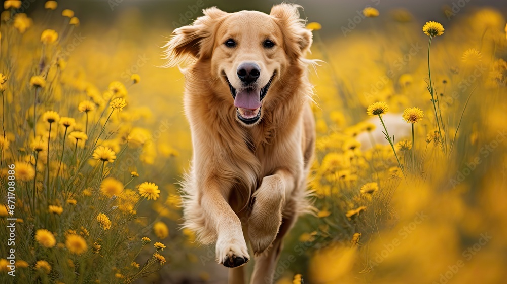 Poster a golden retriever running through a field of wildflowers with its mouth open and it's tongue out. g