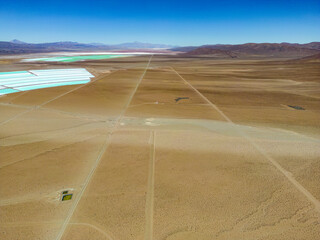 Aerial view of lithium fields / evaporation ponds in the highlands of northern Argentina, South...