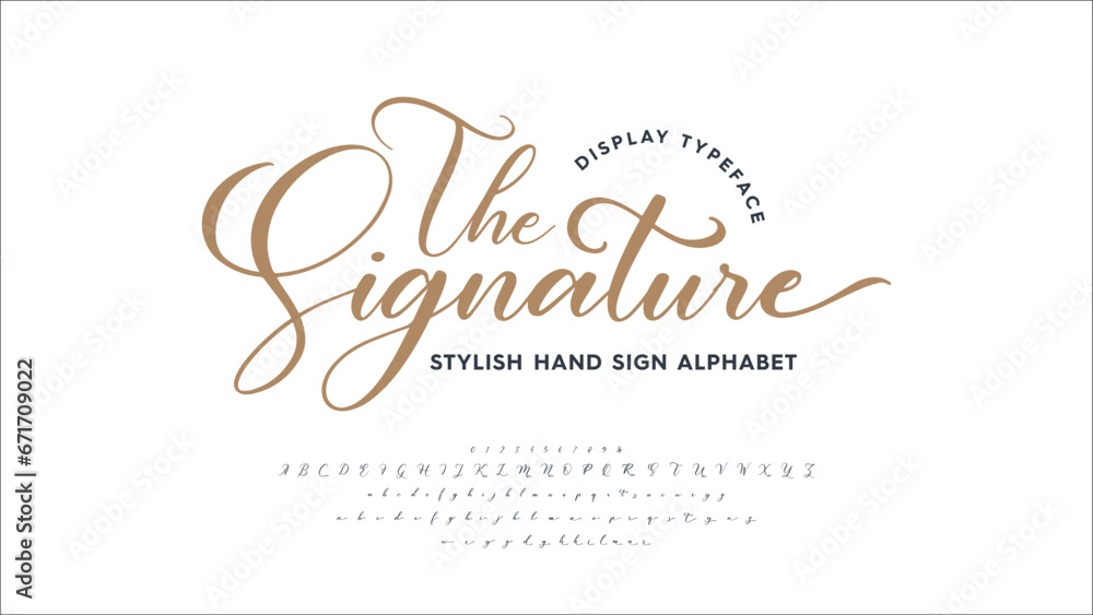 Aufkleber script font display alphabet. handwriting signature style fonts set. typography a to z and numbers. 