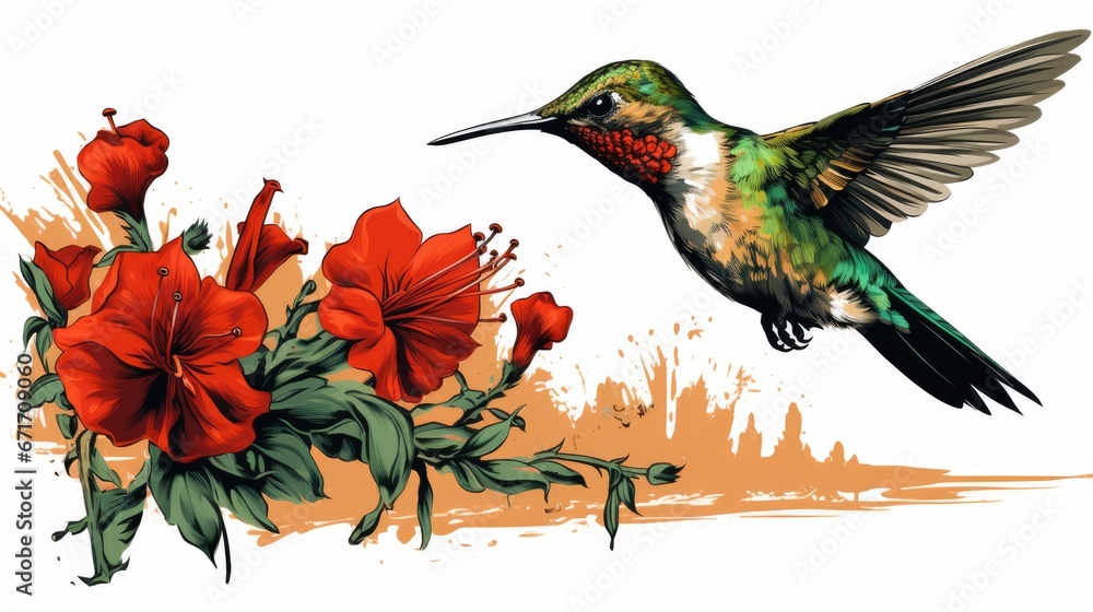 Poster a painting of a hummingbird hovering over a flower and a branch with red flowers in the foreground a