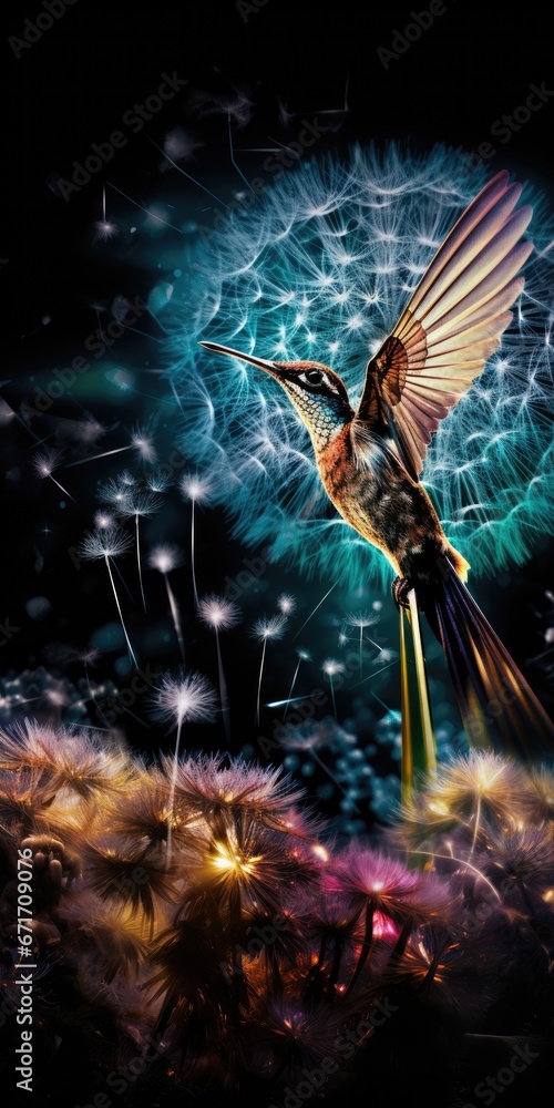 Poster a painting of a hummingbird sitting on a dandelion with its wings wide open and a seed in the foregr