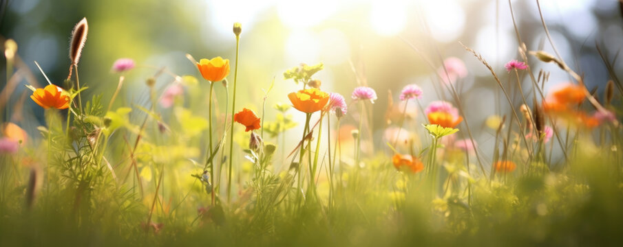 The landscape of colorful flowers in a forest with the focus on the setting sun. Soft focus	