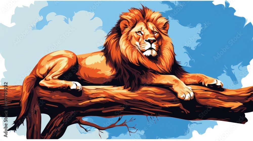 Poster a painting of a lion resting on a tree branch with a blue sky in the background of the picture. gene