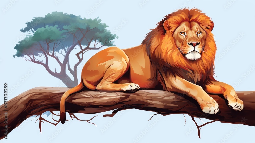 Poster a lion sitting on a tree branch with a tree in the background and a blue sky in the foreground. gene