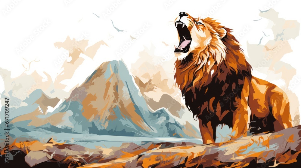 Aufkleber a painting of a lion yawning in front of a mountain range with a mountain range in the background. g