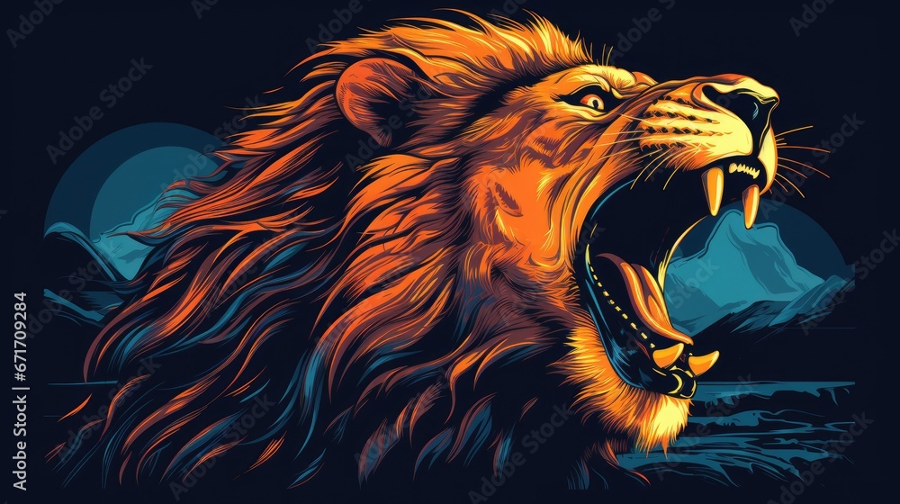 Aufkleber a lion with its mouth open and it's mouth wide open in front of a mountain range with a full moon in
