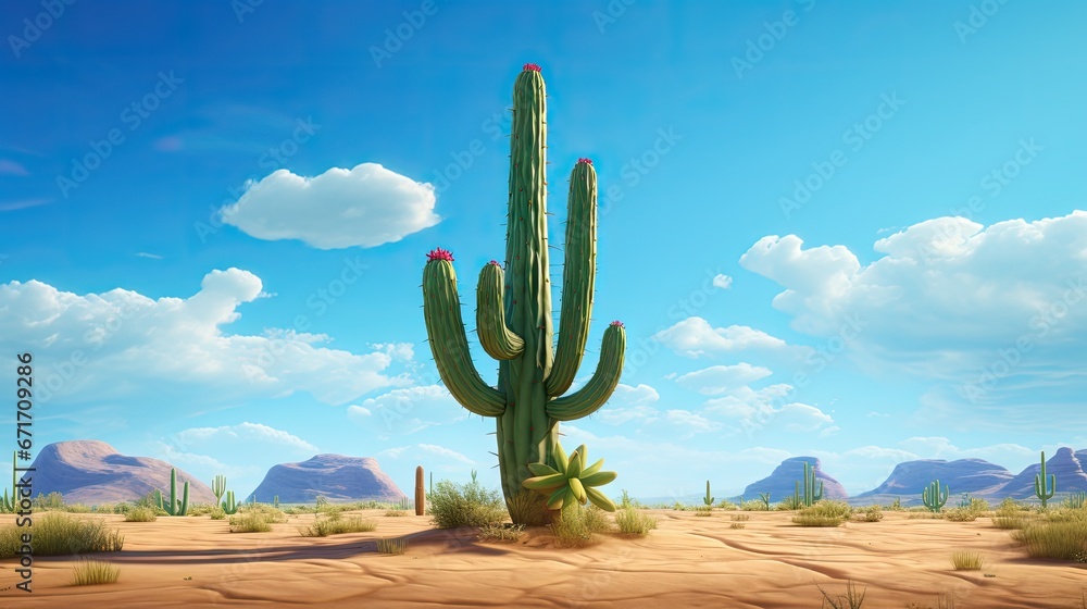 Poster a painting of a cactus in the middle of a desert with mountains in the background and clouds in the 