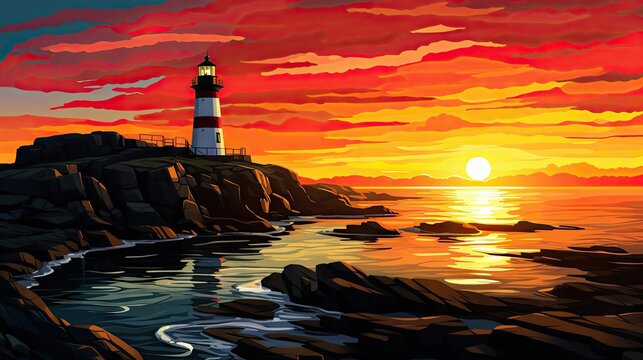  a painting of a lighthouse on a rocky shore with a setting sun in the background and a body of water in the foreground.  generative ai