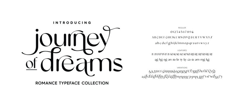 Typeface modern serif fonts. Classic Typography Minimal Fashion Designs. Elegant stylish alphabet letters font, ligatures, alternate, and number. Vector illustration