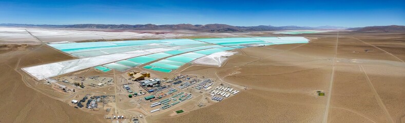 Panorama view of lithium fields / evaporation ponds in the highlands of northern Argentina, South America - a surreal, colorful landscape where batteries are born - obrazy, fototapety, plakaty
