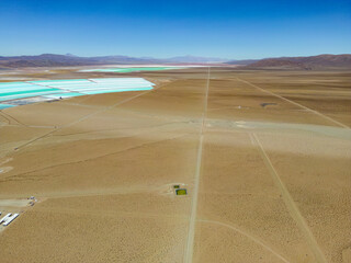 Aerial view of lithium fields / evaporation ponds in the highlands of northern Argentina, South...