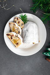 christmas Stollen dessert sweet baking treat new year and christmas meal food snack on the table copy space food background rustic top view