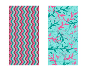 Collection of two abstract multicolored pink-blue backgrounds with plants and abstract waves. Bright colorful vector illustration for cards, business, banners	
