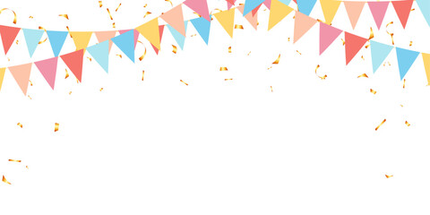 Frame colorful pastel bunting garland flag and confetti birthday decoration elements - 671710280