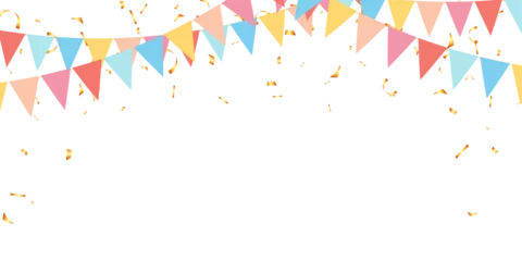 Foto op Plexiglas Frame colorful pastel bunting garland flag and confetti birthday decoration elements © Little J