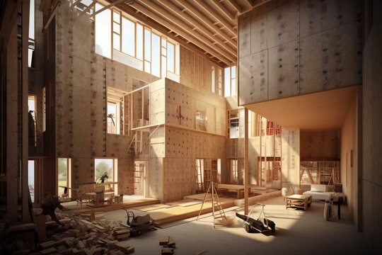 Indoor view of a residence with construction materials. Generative AI