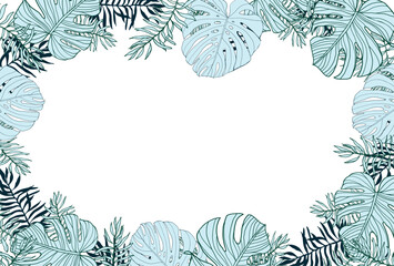 Jangle monstera and palm leaves banner frame with tropical plant, hand drawn line art vector background