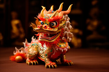 Fototapeta premium Typical Chinese dragon in the street. Worn by dancers in Chinese New Year celebration
